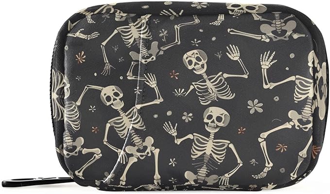 Weekly Pill Organizer Funny Skeletons Black Small Pill Box Bag Portable Travel Pill Case 7 Days Vitamin Supplement Holder with Zipper for Family Business Camping