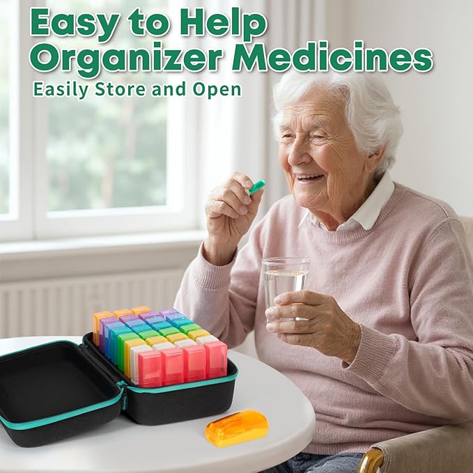 Monthly Pill Organizer 2 Times a Day with Weekly Pill Bag, 30 Day Pill Organizer 2 Times a Day with Large 32 Compartments, Monthly Stickers, Pill Cutter, Hard Travel Case Medicine Vitamins Case