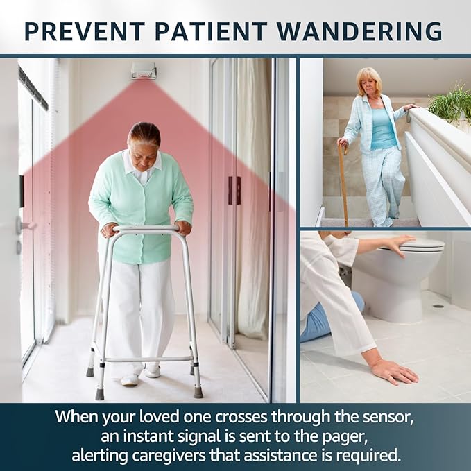 Bed Alarm Caregiver Pager with 2 Wireless Motion Sensors Alarm Indoor Fall Prevention for Elderly Monitoring Seniors Dementia Patients Seniors Home Door Chime