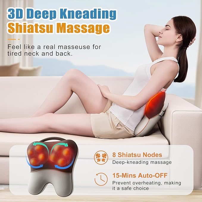Sotion Shiatsu Neck and Back Massager with Heat, Deep Tissue Pain Relief for Neck, Shoulder and Back, Massage Pillow with Cover, Adjustable Straps & Portable Handle(No Battery)