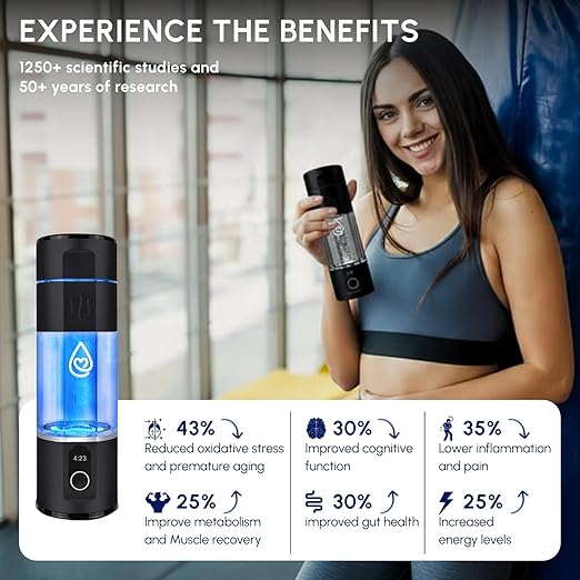 Hydrogen Water Bottle - 6X More Hydrogen Concentration - 6000PPB Hydrogen Water Bottle Generator - Portable Hydrogen Water Machine | Certified H2 Generator - Hydrator Pro Black