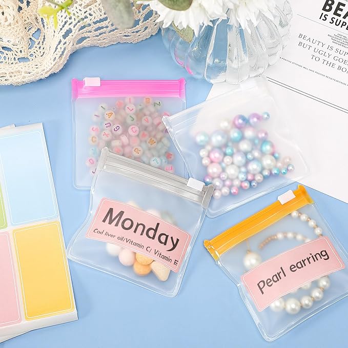 MARFOREVER 39 Pcs Pill Pouch Bags - Pill Pouches Small Medicine Bags Travel Pill Organizer Reusable Translucent Self Sealing 28 Pcs Plastic Pill with Slide Lock 10 Sheets Labels and 1 Pc Marker