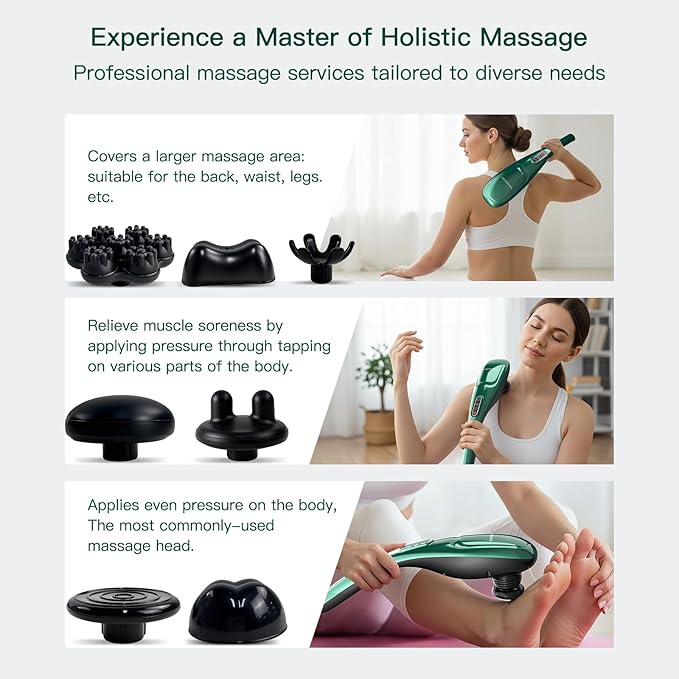MEGAWISE Handheld Back Massager w/Rechargeable 3200mAh Battery, 5 Speed and 5 +2 Massage Nodes with Hard (Dark Green)