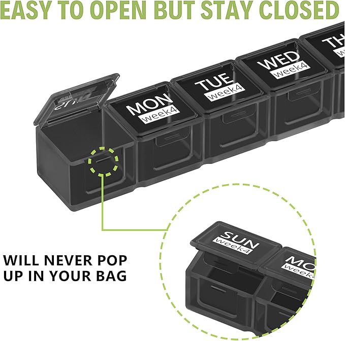Monthly Pill Organizer 28 Day Pill Box Organizerd, Large 4 Weeks One Month Pill Cases with Dust-Proof Container for Pills, Vitamin, Fish Oil, Supplements (Black)