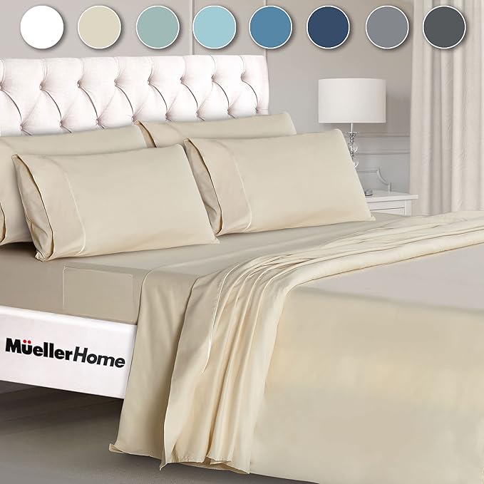 Mueller Ultratemp Bed Sheets Set, Super Soft 1800, 6 Piece California King Sheet Sets, Deep Pocket up to 16", Transfers Heat, Breathes Better, Hypoallergenic, Wrinkle-Resistant, Oeko-TEX, Cream
