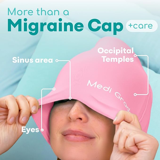 Medi Grade Migraine Relief Cap Pink - Cooling Compression Headache Relief Cap with Full Coverage - Soft Flexible Fabric Gel Migraine Cap that Blocks Light, Reusable Migraine Mask for Cold Therapy