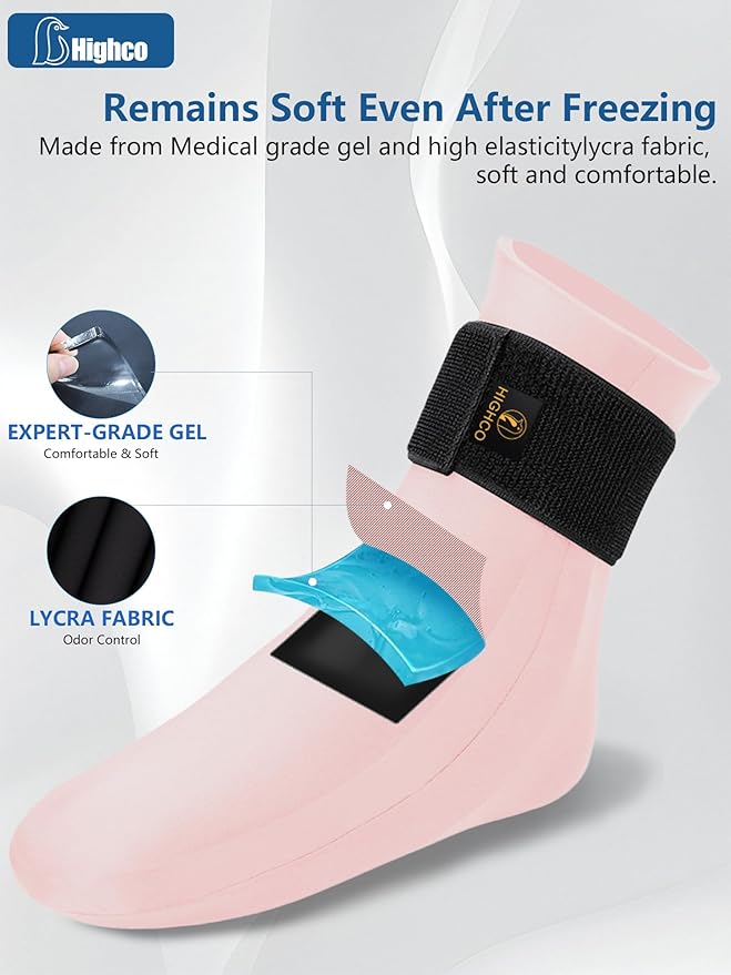 highco Ankle Ice Pack Wrap for Swelling and Injuries Recovery,Reusable Gel Ice Pack for Foot and Ankle,Ice Cold Compression Sock for Foot Heel Wrap,Tendonitis,Plantar Fasciitis,Swelling,Sprained,Pink