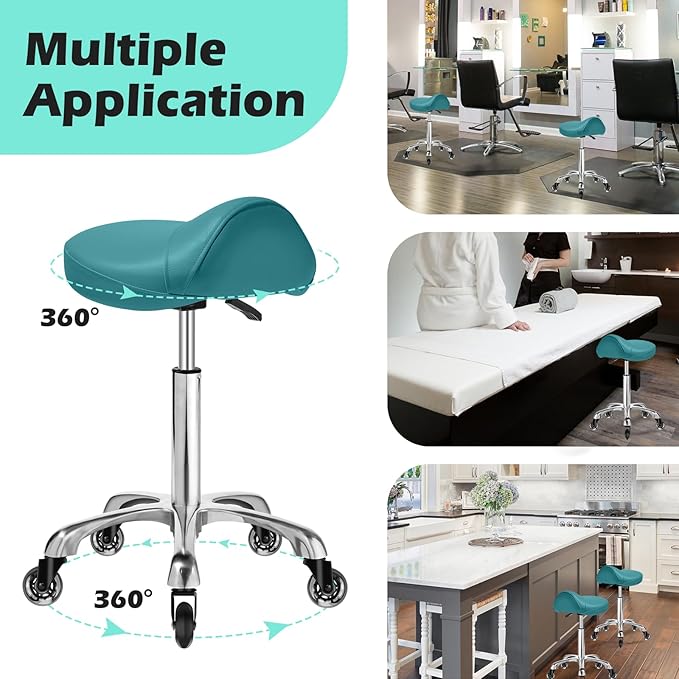 Saddle Stool with wheels Ergonomic - Heavy Duty 400lbs, Upgraded Thick Saddle Cushion, Healthy Posture Correction, Swivel Adjustable Rolling Saddle Stool, Saddle Chair for Salon Massage Home (Green)