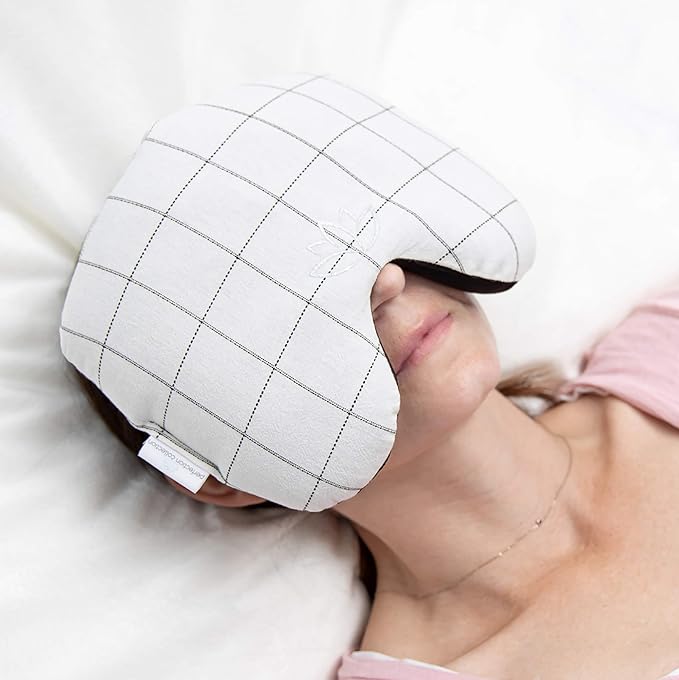 Migraine Relief Eye Pillow Masks with Bonus Washable Cover: Flaxseed Filled for Hot and Cold Pain Relief Therapy (Adult, White and Black, Blue and Ivory Stripe)