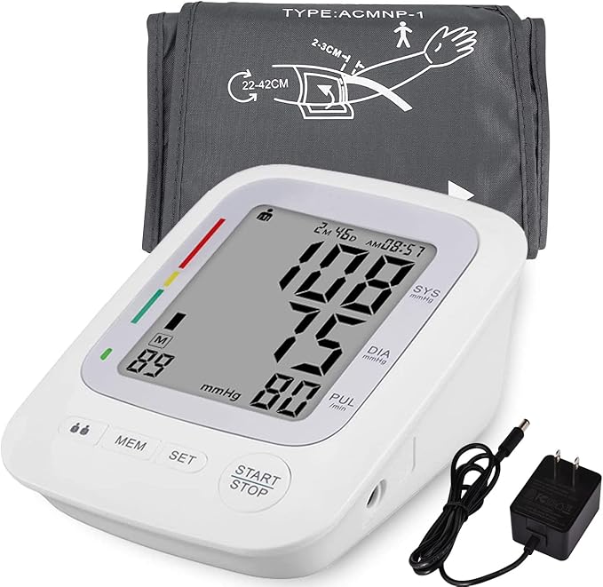 Electronic Blood Pressure Monitor, Upper Arm Automatic Digital BP Monitor Large Cuff, 2 Users 180 Memory Large Display, Irregular Heart Rate Indication, with DC Adapter for Home Use