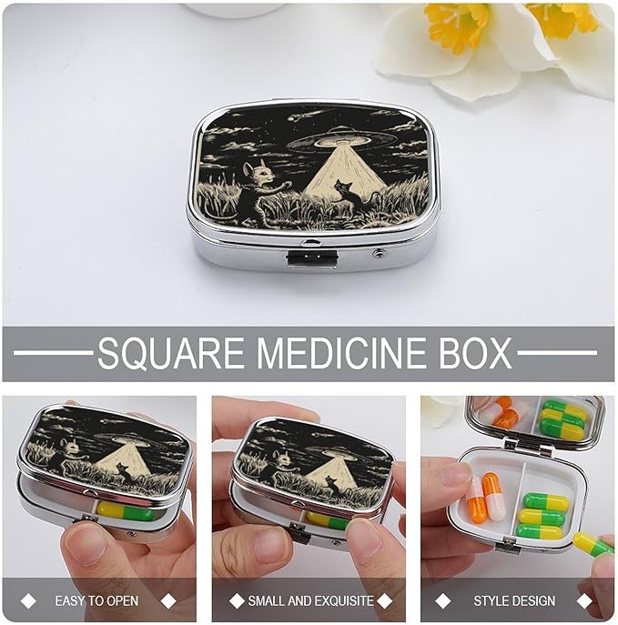 Metal 2 Compartment Pill Organizer Travel Friendly Portable Compact Pill Box Cute Pill Case,for Pocket Wallets Daily Portable Medicine Vitamin Tablet Storage (Mysterious cat)