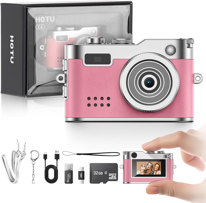 Mini Digital Camera, Keychain Camera 1080P HD with 2MP Lens, Flash, Video Recording, 32G Card Included, Portable and Compact Retro Vlog Camera for Travel, Kids, Pink
