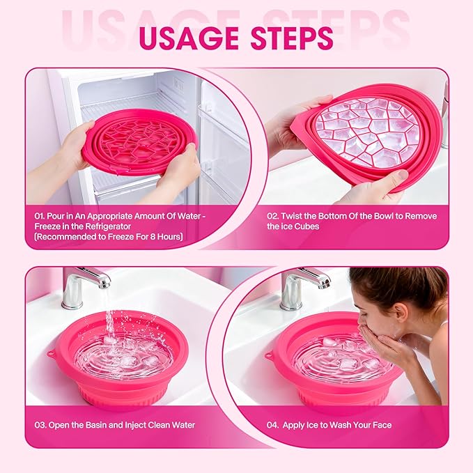 Portable Facial Ice Bath Bowl - Foldable Silicone Bowl with Built-In Ice Tray for Skincare, Suitable for Skin Facial Icebath at Home (Rose)