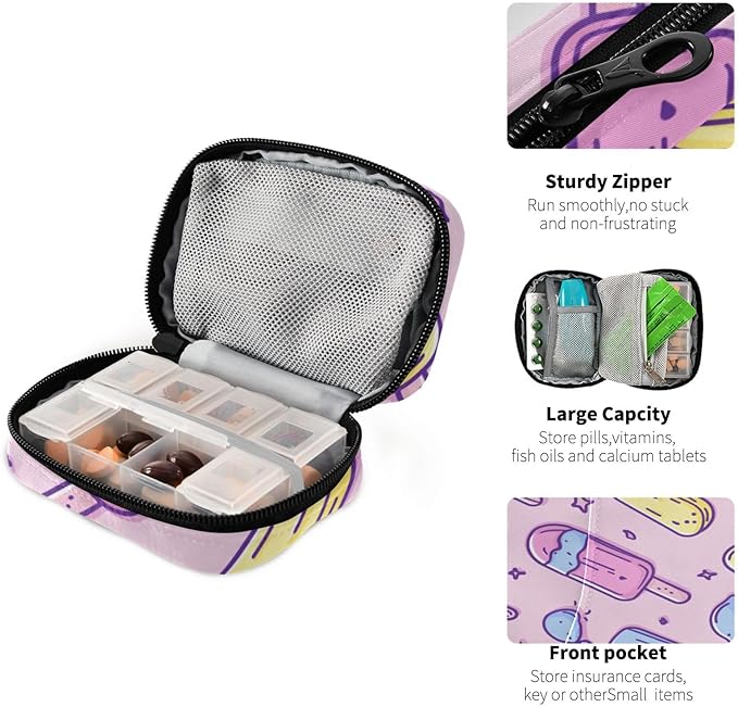 Summer Ice Cream Pink Travel Pill Organizer Case Box Container Weekly Portable Vitamin Medicine Holder Storage Bag with Zipper Removable
