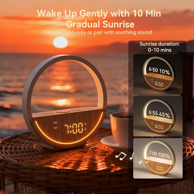 Vivilumens Wake Up Light Sunrise Alarm Clock - White Noise Machine with 20 Soothing Sounds for Sleep Better, Weekdays/Weekends Dual Alarms for Heavy Sleepers & Touch Control Night Light, Ideal Gifts