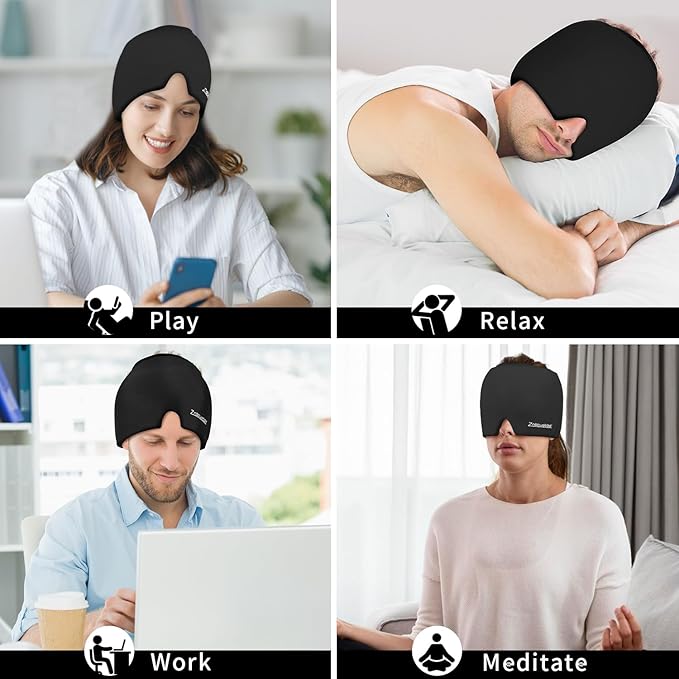 ZNÖCUETÖD Migraine Headache Relief Cap Hat Full Head ice Pack Wrap Cooling Gel Ice Beanie Hot/Cold Compress Hangover Cap for Sinus, Stress, Tension, Head Pain Relief, Gift for Women Men