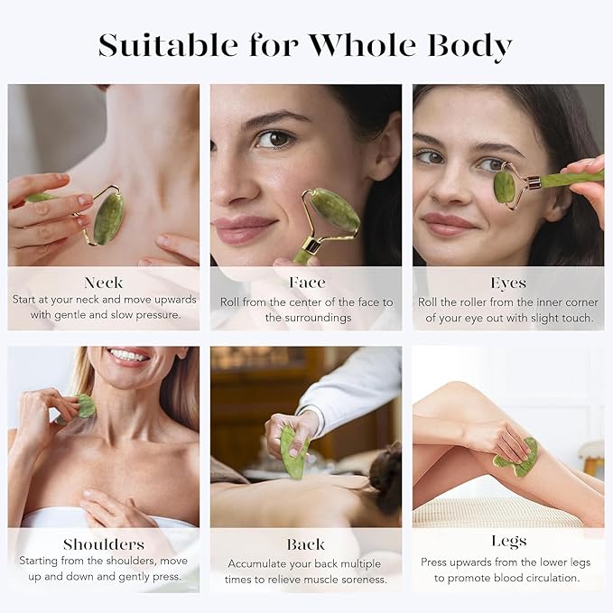 BAIMEI IcyMe Gua Sha & Jade Roller Facial Tools Face Roller and Gua Sha Set for Puffiness and Redness Reducing Skin Care Routine, Self Care for Men Women - Green