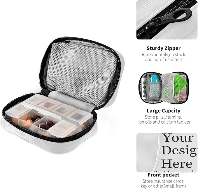 Personalized Custom Pill Case 7 Day Pill Organizer Travel Pill Case Portable Weekly Pill Box Bag Container Vitamin Supplement Holder with Zipper for Family Business