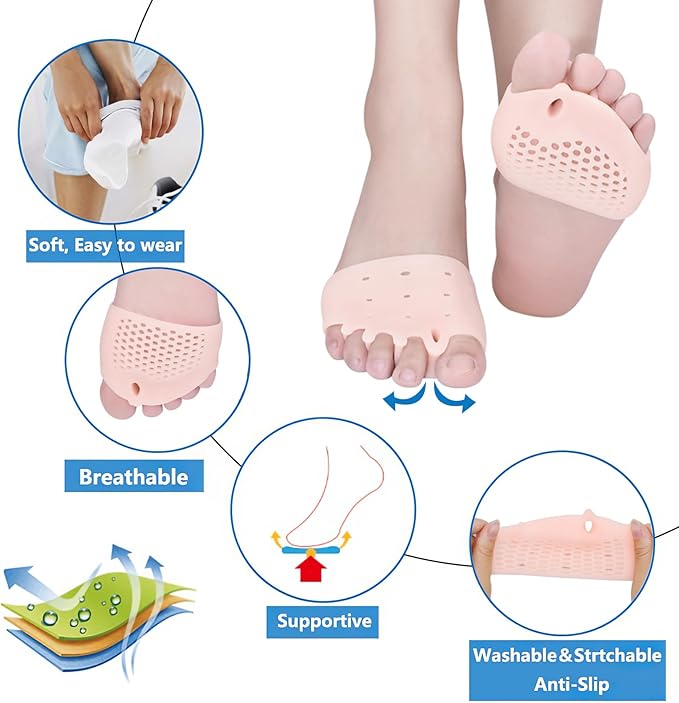 Toe Separators & Metatarsal Pads for Women & Men - 4 PCS Gel Toe Spacers, Ball of Foot Cushions for Pain Relief, Metatarsalgia, Morton's Neuroma, All-Day Comfort for Walking, Running, Standing