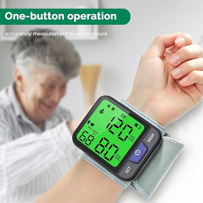 Wrist Blood Pressure Monitor for Home Use Automatic Wrist Bp Monitor with Voice, Digital 3 Color Backlit LCD Display 240 Readings for Dual Users Portable Adjustable Cuff Bp Machine