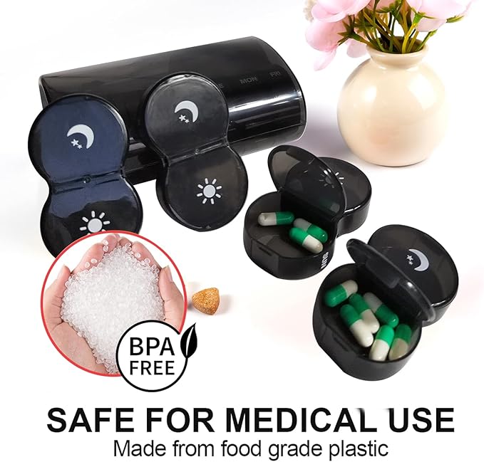 Weekly Pill Organizer 2 Time a Day，Pill Dispensers， Pill Box 7 Day with One-Side Large Opening Design for Easy Filling ，2 Times a Day AM/PM Pill Case, for Vitamins/Fish Oils (Black)