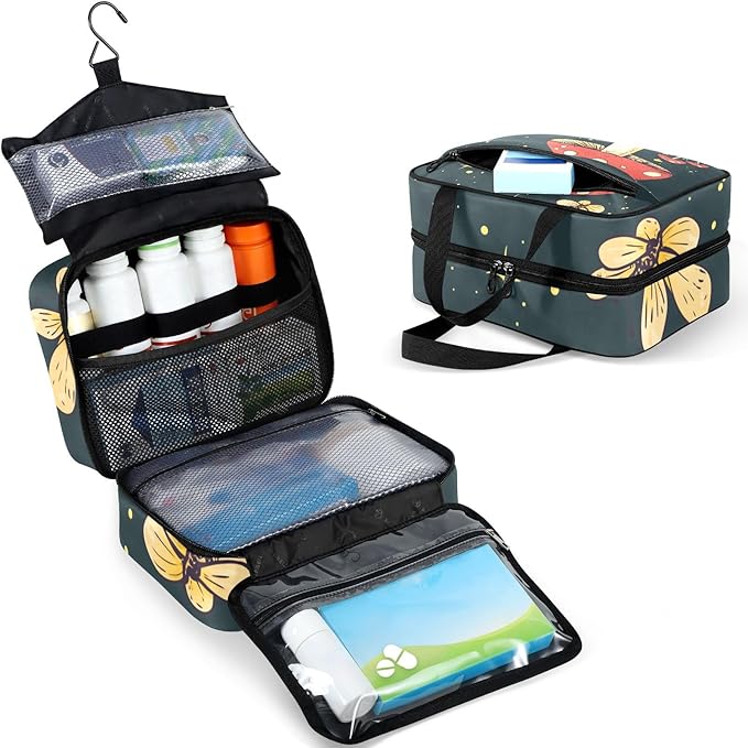 Fustylead Cute Frog and Red Mushroom Butterfly Travel Medicine Organizer Bag Home Storage First Aid Kit Large Pill Case with Zipper for Pill Bottle, Vitamins, and Medical Supplies