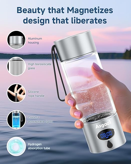 Hydrogen Water Bottle - 5000 PPB in 8 Minutes, Cyclic Mode for 8 Hours, Self Clean, Aluminum & Glass, for Travel Sports Office Home, Gift for Father Mom Family Friends Clients(Silver, 12Oz)