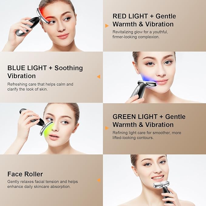 Red Light for Face and Neck, 7-in-1 Face Massager Tool with Jade Roller, 3-Color Portable Facial Massager for Skin Care