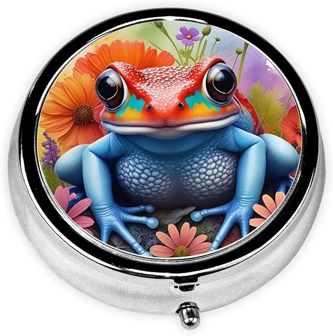 Metal Pill Organizer - 3-Compartment Mini Round Pill Case for Pocket & Purse, Portable Vitamin Holder, Easy-Open Design for Travel - Colorful Frog