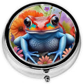 Metal Pill Organizer - 3-Compartment Mini Round Pill Case for Pocket & Purse, Portable Vitamin Holder, Easy-Open Design for Travel - Colorful Frog