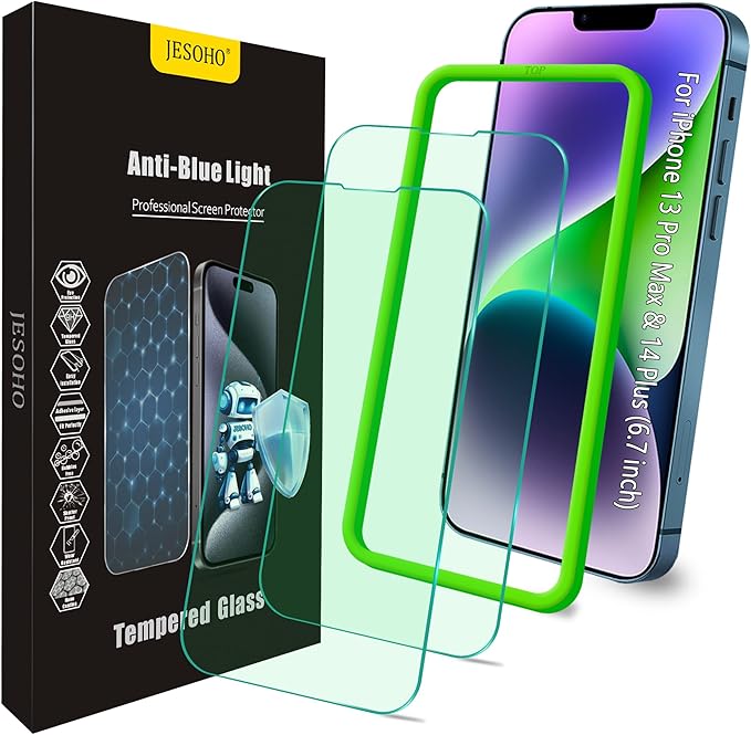 Blue Light Screen Protector for iPhone 13 Pro Max & iPhone 14 Plus (6.7''), Eye Protection Tempered Glass Film, Scratch-Resistant, No Bubble with Easy Installation Kit, 2 Pack