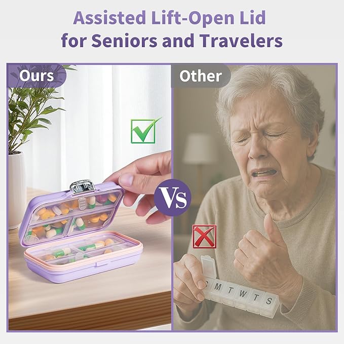 Daviky Travel Pill Organizer,Large 7-Compartment Pill Box for Vitamins & Medications, Compact Medicine Case for Pocket or Purse(Purple)
