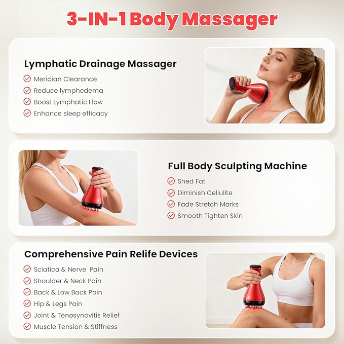Lymphatic Drainage Massager, Anti-Cellulite Massager For Body Cellulite and Thigh & Belly Stretch Marks Reduction, Handheld Massage tools for Lymphedema & Lipedema, Sciatica Nerve Pain Relief Devices