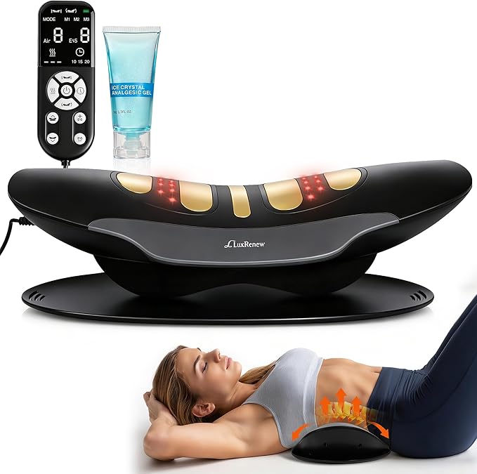 Electric Lumbar Traction Device for Lower Back Pain Relief, Multifunctional Lumbar Stretcher with Dynamic Traction, Red Light Therapy, 8-Level Electrotherapy, 3-Level Thermal Therapy, Vibration