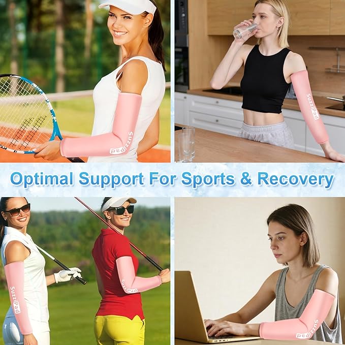 Suzzipad Extended-Length Elbow Ice Pack for Pitchers, Flexible Arm ice Pack Sleeve, 360° Reusable Gel Wrap for Upper Arm, Wrist, Shin Splint, Tendonitis and Golfers Relief, Pink, Medium