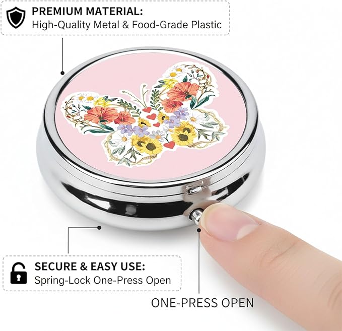Round Pill Case Small Pill Box with Mirror Pocket 3 Compartment Vitamin Pill Medicine Case Organizer Pill Containers for Traveling Butterfly Flower Sunflower