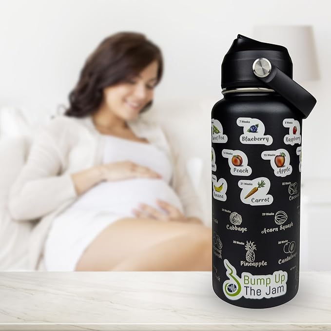 Pregnancy Water Bottle Tracker - 32 Ounce Stainless Steel - Includes Weekly Pregnancy Tracker Stickers (Midnight Black Color)