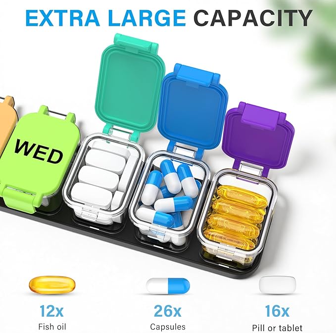 Extra Large Weekly Pill Organizer 7 Day - Portable Daily Pill Box with 7 Detachable Compartments, Vitamin Holder and Medicine Organizer for Supplements, Home and Travel, Rainbow