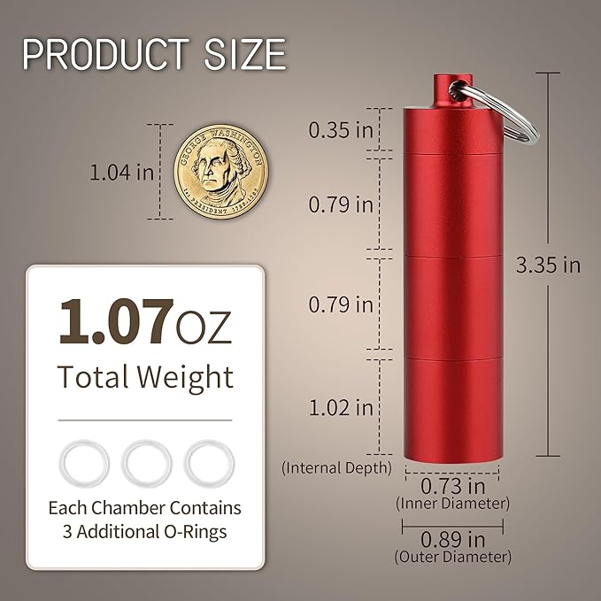 Pill Box Keychain, Aluminum Alloy, Waterproof Compact Pill Organizer for Emergency Pills & Vitamins, Portable Keyring Necklace Holder, Travel Hiking Essentials, 3 Compartments, Red