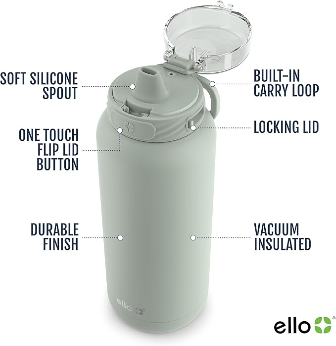 Ello Cooper 32oz Stainless Steel Water Bottle with Straw and Carry Handle, Double Walled and Vacuum Insulated Metal, Leak Proof Locking Lid with Soft Silicone Spout, Reusable, BPA Free, Sage
