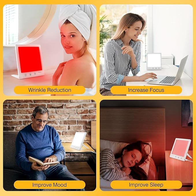 Sun Light Therapy Lamp with Red Light - 10000 Lux LED Sun Light Therapy Lamp for Face, Improving Mood, Energy, Sleep & Skin Care, with 4 Light Modes & 5 Brightness Levels, Timer, UV-Free