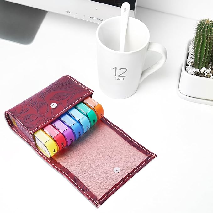 Pill Organizer,LIZIMANDU Weekly Travel Pill Case Box Medication Reminder Daily AM PM, Day Night 7 Compartments,for 4 Times A Day, 7 Days a Week-Includes Leather PU Carrying Case(1-Carved Red2)
