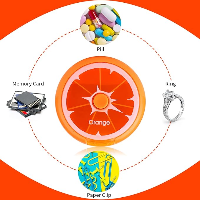 Creative Portable Mini 7 Day Weekly Circular Shape Rotary Cute Fruit Style Pill Storage Case Box (Orange)