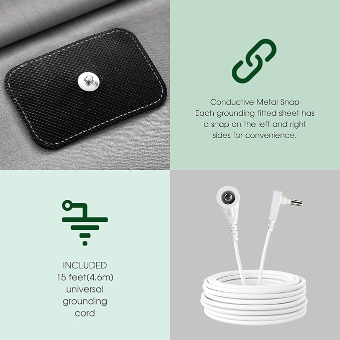 Ivellow Grounding Sheets King 10% Pure Silver Fiber 90% Organic Cotton Sheets King Size 16” Deep Pocket Soft Breathable Grounded Sheet Earth Connected Bedding Fitted Bed Sheet with Grounding Cord Grey