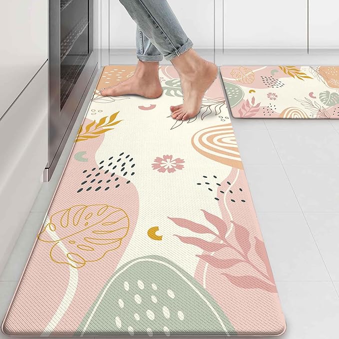 Boho Kitchen Rug Mats for Floor Cushioned Anti Fatigue Pink Kitchen Rugs Sets of 2 Botanical Non Slip Waterproof Comfort Memory Foam Standing Floor Mat for Office Laundry Sink Desk