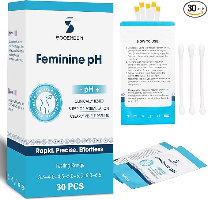 At-Home Vaginal pH Test Kit: 30 Strips + 30 Individually Wrapped Swabs - Fast & Accurate Feminine Health Monitoring for pH Balance, BV & Yeast Infection - Professional Grade