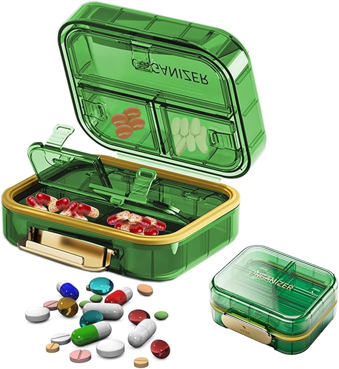Daily Pill Organizer,7 Compartments Portable Travel Medicine Organizer,Moisture Proof Pill Case,Foldable Pill Box for Purse Pocket to Hold Vitamins,Cod Liver Oil,Supplements Medication(Green)