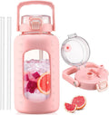 BLUEGO 84oz Glass Water Bottle with Straw and Handle, Large Water Bottle with Sip & Chug Lid, 2.5L Water Jug Silicone Sleeve with Time, Full Day Drinking Bottle for Sports BPA Free, Pink
