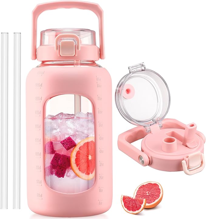BLUEGO 84oz Glass Water Bottle with Straw and Handle, Large Water Bottle with Sip & Chug Lid, 2.5L Water Jug Silicone Sleeve with Time, Full Day Drinking Bottle for Sports BPA Free, Pink