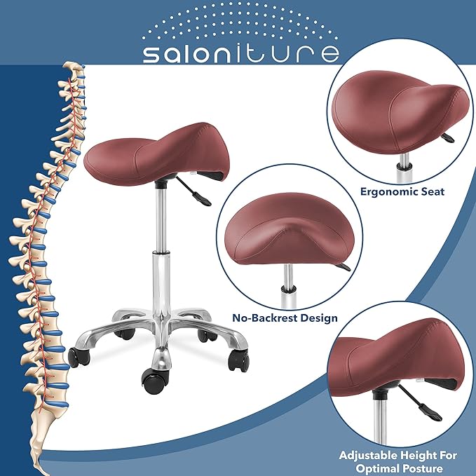 Saloniture Professional Ergonomic Saddle Stool, Burgundy - Adjustable Hydraulic Seat, Rolling Spa Salon, Massage, and Medical Office Chair with Swivel Wheels